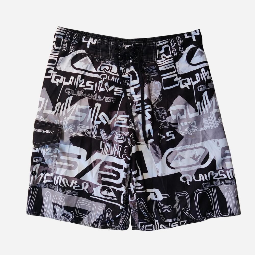 Y2K Quiksilver black and white aop graphic board shorts